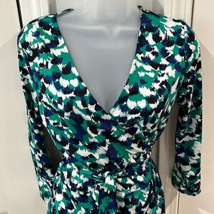 JustFab Print Wrap Dress – Blue/White/Green/Black – Size Large